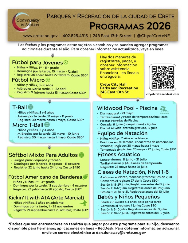 view/download pdf Parks and Recreation Annual program information in Spanish